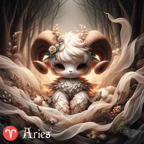 Ảnh phong cách Nhật chú cừu con lông xù nằm giữa tổ lá vàng, mắt tròn sáng và sừng nhỏ mềm khiến khung ảnh ấm áp, cute và dễ mến như truyện tranh