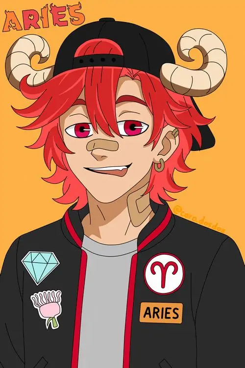 Cậu trai tóc đỏ đội mũ ngược, áo in chữ Aries và nền cam hồng phía sau khiến bức ảnh vui mắt, trẻ và đúng kiểu avatar hoạt hình cho nam Bạch Dương