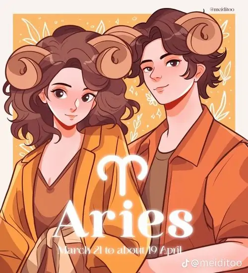 Cặp đôi hoạt hình mặc áo cam đứng sát nhau trước nền nhạt, cô gái cười mềm còn chàng trai nhìn nghiêng bình thản, tạo cảm giác ấm và hợp ảnh chủ đề Aries đôi