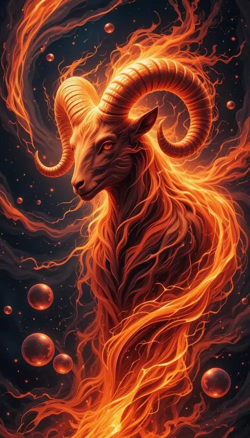 Con cừu lửa rực cam đỏ vươn cổ giữa nền đen, thân hình như được vẽ từ ngọn cháy đang cuộn lên, hợp với ai thích ảnh cung lửa mạnh và ngầu