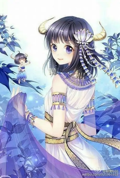 Khung hình dọc cô gái hoạt hình mặc váy xanh nhạt đứng trước nền mây nước, tay đặt gần ngực và gương mặt hiền khiến ảnh Bạch Dương nữ này mềm hơn thường thấy