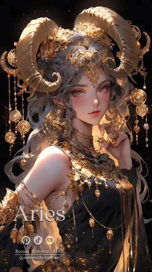 Thiếu nữ sừng cừu khoác trang phục đen ánh vàng, mái tóc nâu bồng và lớp phụ kiện dày làm bức chân dung nhìn sang, đậm chất tranh fantasy hơn kiểu chibi dễ thương