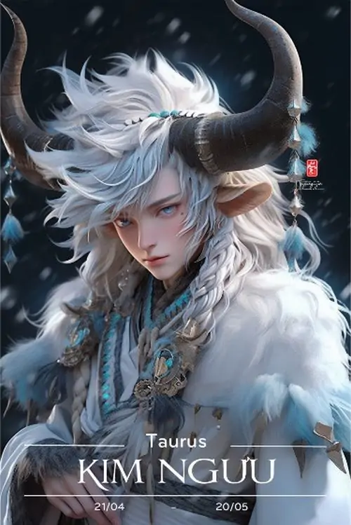 Chân dung nhân vật tóc bạc xanh nhìn chếch xuống với sừng đen lớn, áo lông trắng và nền băng lạnh khiến tổng thể đẹp theo kiểu xa cách hơn các mẫu chibi nữ