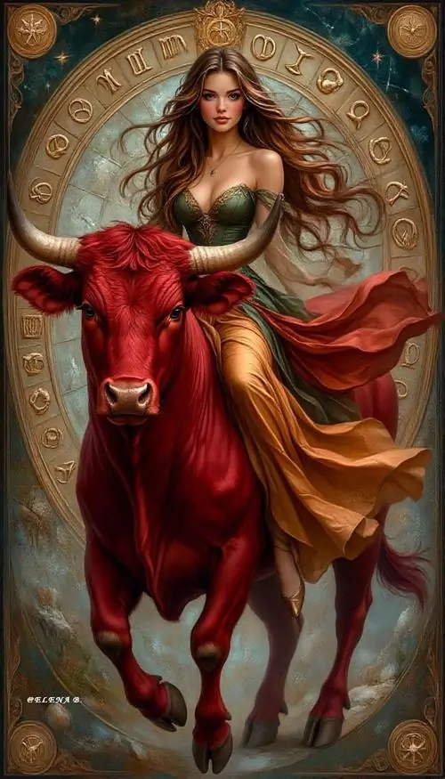 Hình đại diện tranh cô gái váy đỏ đứng cạnh con bò đỏ trong nền cổ điển, mái tóc xoăn bay rộng tạo cảm giác vừa mạnh vừa lạ mắt hơn kiểu avatar trâu con tí hon quen thuộc