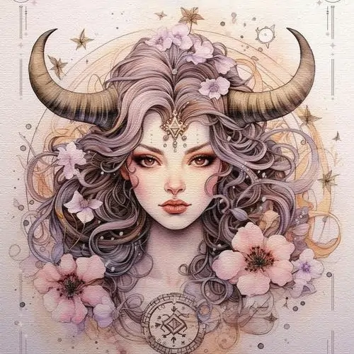 Gương mặt thiếu nữ tóc xoăn tím nhạt được vẽ cận cảnh với sừng lớn và cụm hoa phủ quanh má, sắc kem hồng làm bức này nhìn mềm và dễ thương theo kiểu tranh số