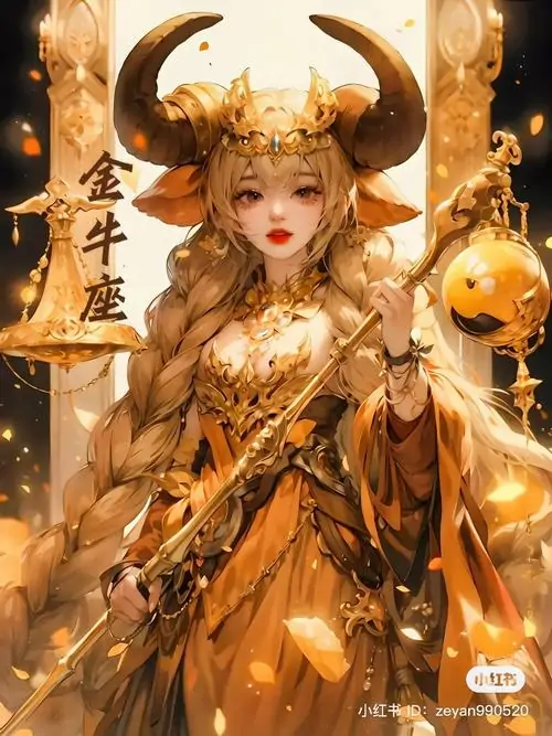 Nhân vật đội vương miện sừng vàng đứng giữa ánh nến và phụ kiện ánh kim, bộ váy lấp lánh khiến khung hình mang nét fantasy rất đẹp mà vẫn giữ vibe Kim Ngưu rõ ràng