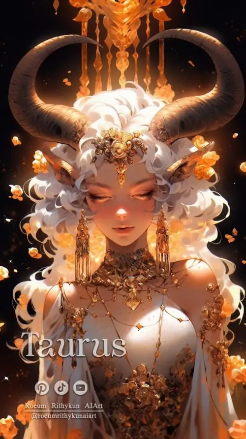 Ảnh dọc chân dung cô gái tóc sáng búi cao, sừng cong phát quang và nền cam đồng rực lên như có bụi sao, nhìn là thấy một ảnh nhân vật Kim Ngưu cách điệu khá sang