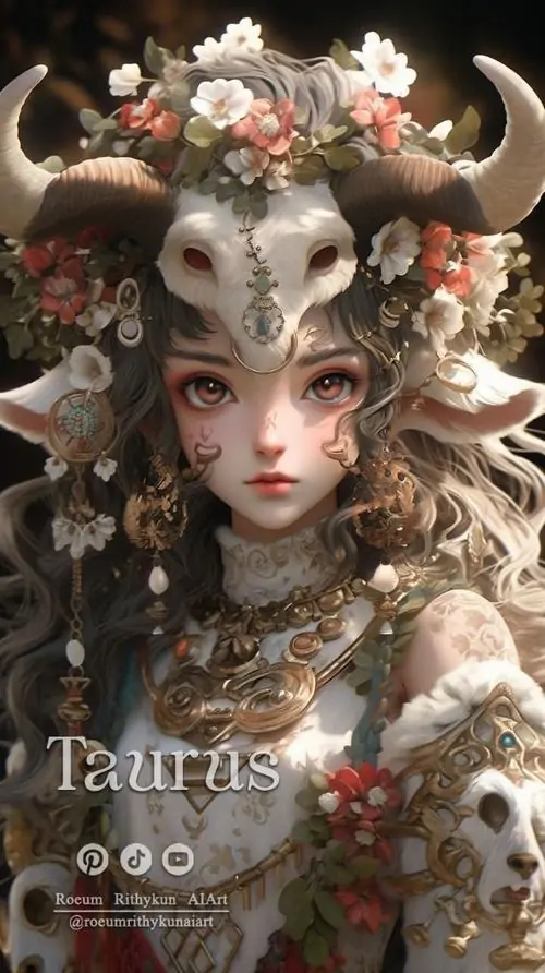 Hình avatar gương mặt cô gái sừng lớn được bao quanh bởi hoa trắng và lá tối màu, nét vẽ bán thực làm ánh nhìn trầm hơn nhưng không quá nặng nề