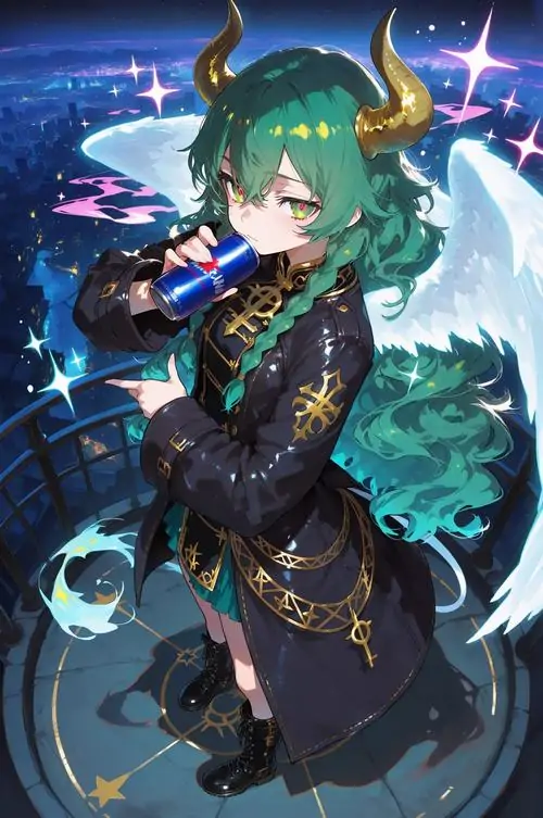 Nhân vật tóc xanh ngọc mặc đồ chiến binh nhảy giữa sóng và ánh sáng tím, dáng nghiêng mạnh tay cầm vũ khí khiến bức này ngầu hơn hẳn đa số hình Kim Ngưu chibi nữ