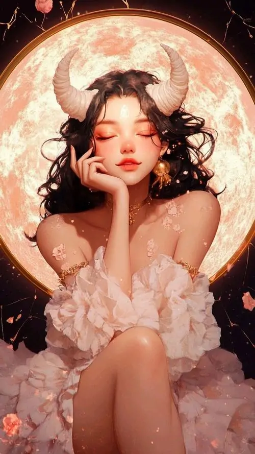 Ảnh nghệ thuật cô gái váy kem ngồi tựa người dưới vầng trăng tròn, tóc nâu mềm buông qua vai và ánh sáng mật ong làm khung hình vừa đẹp vừa rất thư giãn