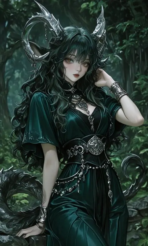 Nữ chiến binh mặc váy xanh đen đứng trong rừng tối, mái tóc dài rối nhẹ và cặp sừng hòa vào lá cây khiến ảnh anime cung đất đáng yêu chuyển sang tông trầm hẳn