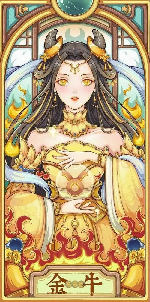 Ảnh avatar cô nàng Kim Ngưu mặc váy vàng đứng trong khung kính hoa văn, tóc dài ôm vai và ánh mắt hiền tạo cảm giác như một hình đại diện cung đất rất đẹp