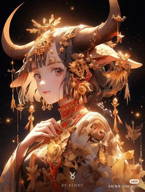 Hình nền dọc thiếu nữ sừng vàng nhìn chếch sang bên, tóc cam sáng và lớp trang phục ánh kim làm gương mặt nổi bật như một poster fantasy khá ngầu