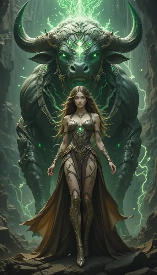 Bóng người nữ mặc váy dài đứng giữa làn sáng xanh lục, cặp sừng rất lớn và thân hình mảnh khiến bức hình này giống biểu tượng Taurus huyền bí hơn ảnh chibi