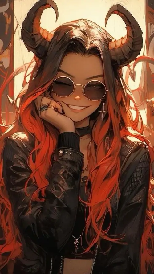 Ảnh cung hoàng đạo cô gái da nâu tóc đen cười nhẹ, hai chiếc sừng đen ôm gương mặt và nền cam cháy giúp tổng thể trông cá tính mà vẫn dễ thương