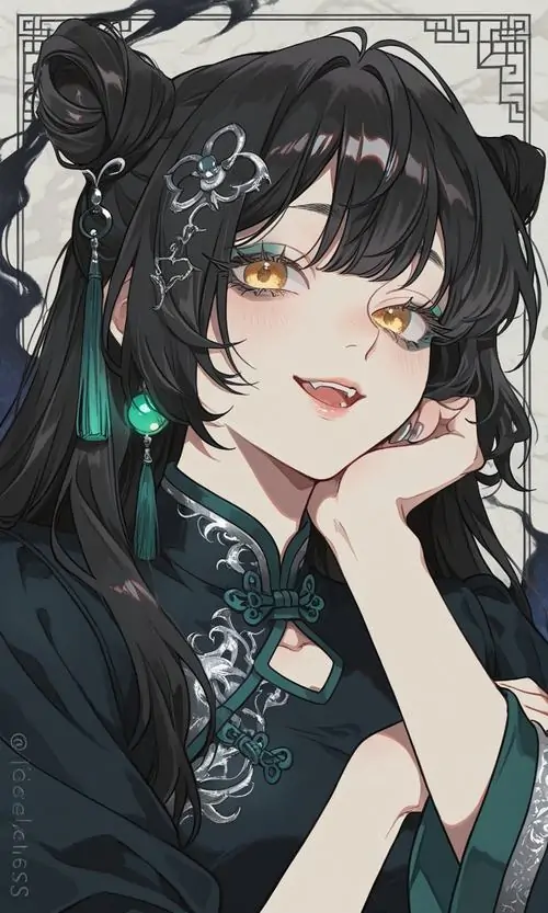 Thiếu nữ tóc đen ngắn chống cằm nhìn nghiêng với mắt xanh lấp lánh, áo cổ cao và nét vẽ mềm khiến đây là hình đại diện cung đất hoạt hình khá dễ dùng hằng ngày