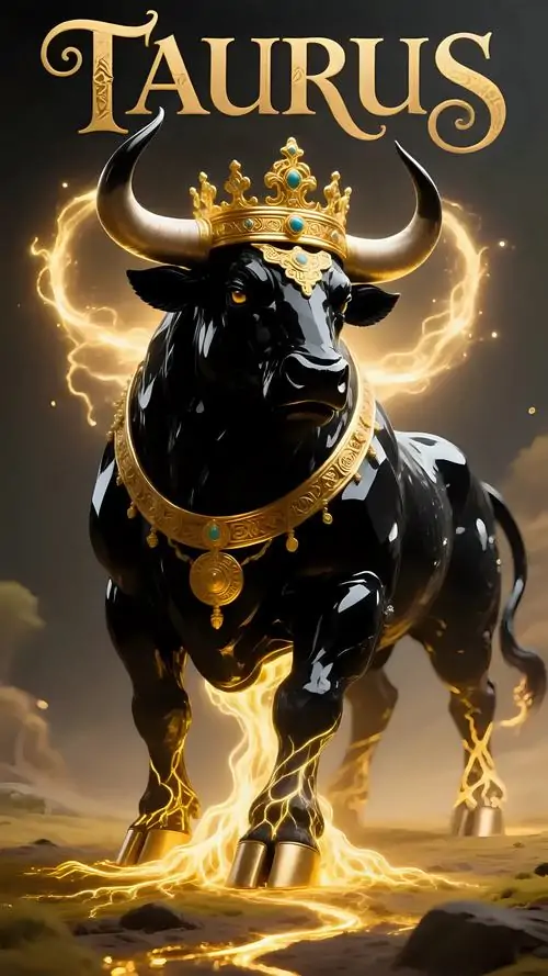 Ảnh minh họa con bò đen đứng chính giữa nền vàng với chữ Taurus phía trên, ánh sáng chiếu từ sau lưng làm bức này hợp làm hình nền cho ai thích biểu tượng rõ ràng