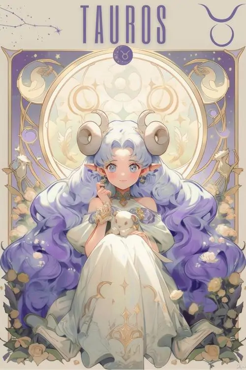 Cô bé chibi tóc bạc mặc váy kem đứng giữa khung tím nhạt, sừng bé cong lên và hai tay đặt gọn trước người làm tổng thể trông rất xinh và hiền