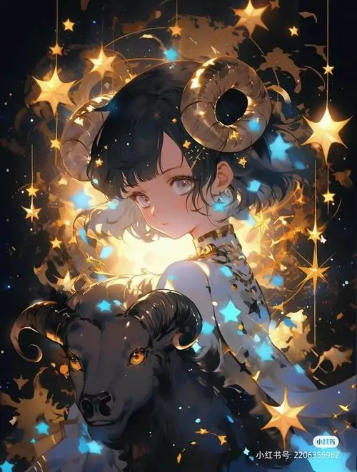 Nhân vật tóc đen quay nghiêng dưới vành trăng sao lấp lánh, tay nâng ánh sáng trước ngực và sắc xanh đen giúp ảnh đại diện Kim Ngưu ngọt ngào trở nên mơ hơn