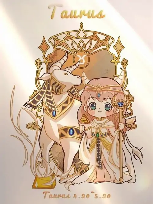 Ảnh poster bé chibi tông kem đứng cạnh hình bò cách điệu, nét vẽ đơn giản và nền sáng làm bức này hợp người thích avatar cô nàng Kim Ngưu dễ thương kiểu tối giản