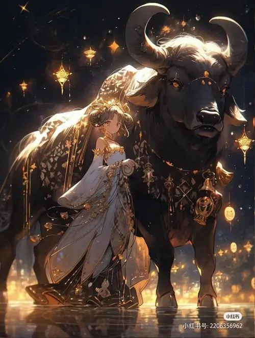 Khung tranh con bò lớn đứng cạnh dáng người nhỏ dưới bầu trời sao, ánh sáng vàng chảy quanh thân khiến cảnh này giống một hình nền truyện cổ tích ấm áp
