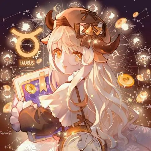 Hình nền anime cô gái tóc vàng dài ôm bộ bài và đồng xu, sừng nâu nhỏ ôm đầu và má hồng nhẹ khiến bức này vừa cute vừa đúng tinh thần thích hưởng thụ của Kim Ngưu