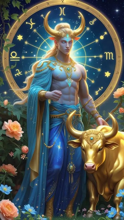 Hình nền nữ thần khoác áo xanh đứng trước vòng tròn hoàng đạo, tay cầm bình vàng và bên chân có chú bò nhỏ khiến hình Kim Ngưu chibi nữ này vừa sang vừa êm mắt