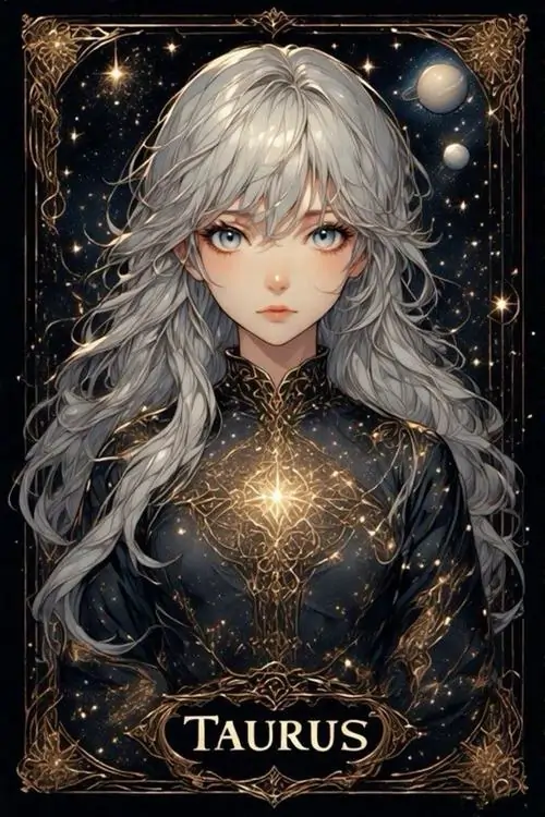 Ảnh anime chân dung cô gái tóc bạc nhìn thẳng, hai tay ôm quầng sáng trước ngực và nền sao đen khiến tổng thể đẹp theo kiểu điềm đạm của cung Kim Ngưu