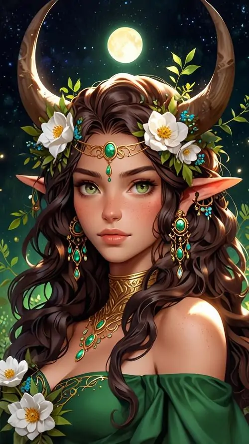 Avatar nữ Kim Ngưu nổi bật với vòng lá xanh, cặp sừng lớn và làn da nâu ấm, góc nhìn cận mặt làm từng chi tiết trang sức và ánh mắt đều rất cuốn