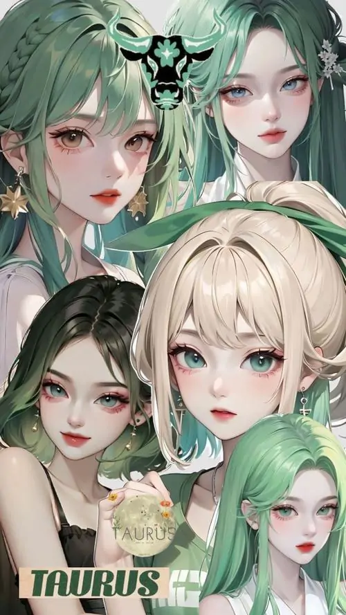 Khung ảnh bốn cô gái tóc xanh và bạch kim đứng gần nhau như một trang bìa truyện, nét vẽ mềm và bố cục sáng khiến ảnh hợp người mê anime nữ tính nhẹ nhàng