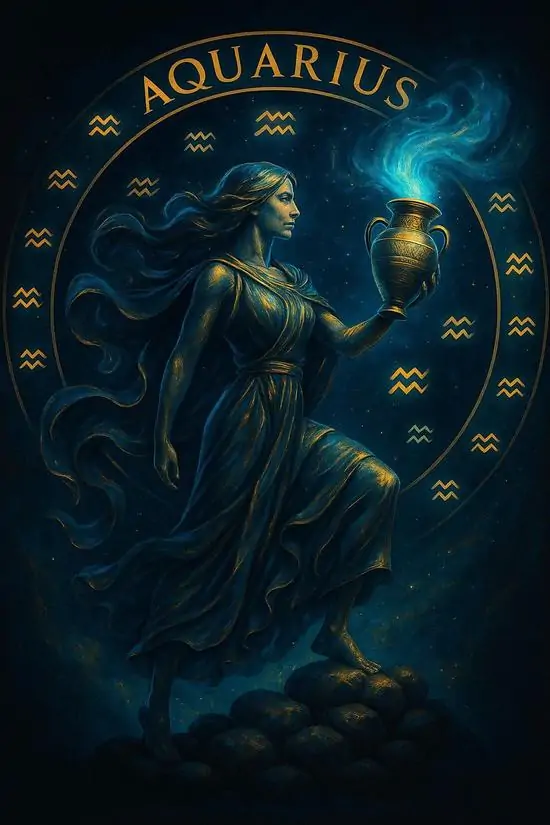 Tấm minh họa cuối chọn bối cảnh hang đá phát sáng nơi dòng nước xanh lặng chảy qua các tinh thể, làm chủ đề Thủy Bình chạm tới cảm giác nguyên sơ, lý trí và đầy sức sống