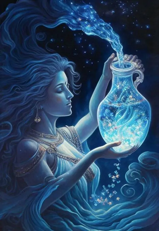 Thiết kế mang dáng dấp trang sức cho thấy ký hiệu Aquarius được kết từ sợi bạc và đá xanh, bố cục dọc gọn gàng làm ảnh hợp với người thích vẻ thanh nhưng vẫn khác biệt