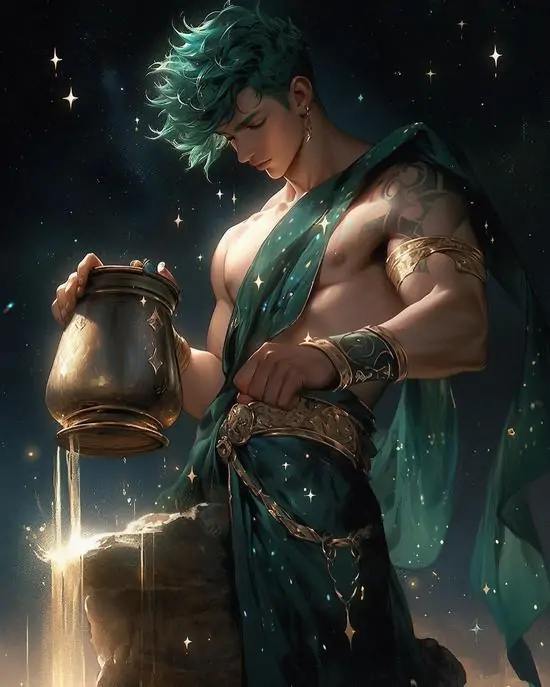 Bức tranh pha chất cổ tích mô tả khu vườn đêm có đài phun hình bình nước, cánh hoa bạc nổi trên mặt hồ và các ngôi sao nhỏ khiến ảnh Aquarius nghiêng sang nét mơ rất riêng