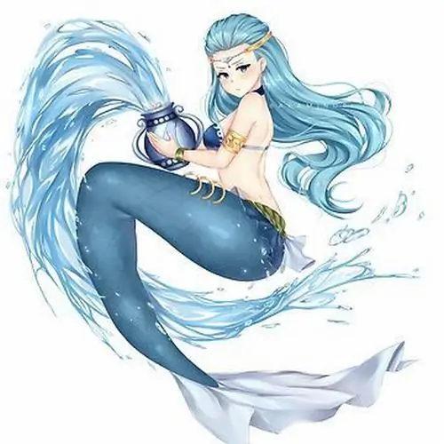 Hình ảnh nàng Aquarius nhỏ xíu đang cưỡi trên lưng một chú cá voi xanh, cả hai cùng lướt đi trên sóng mang phong cách Manga thật hào hứng