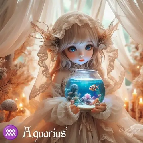 Cô bé nhỏ nhắn khoác áo choàng có mũ hình bình nước, đứng dưới cơn mưa kẹo ngọt thể hiện rõ hình vẽ cung Aquarius nữ dễ thương rất lạ lẫm