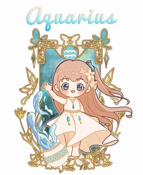 Nàng chibi Bảo Bình có mái tóc ngắn được buộc lệch một bên, ngồi trên quả bóng nước bồng bềnh mang đậm chất Chibi thể hiện sự dễ thương rất hồn nhiên