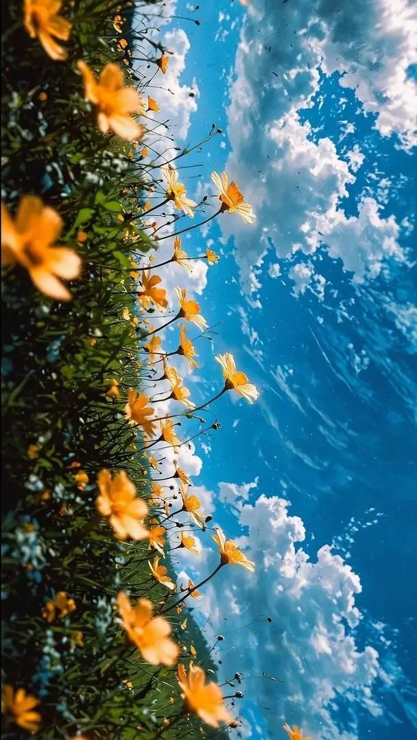 Hình nền 4K bầu trời xanh rực với mây trắng lớn phía trên cánh đồng hoa vàng cam, ánh nắng trong trẻo làm cảnh này sáng bừng ngay từ cái nhìn đầu