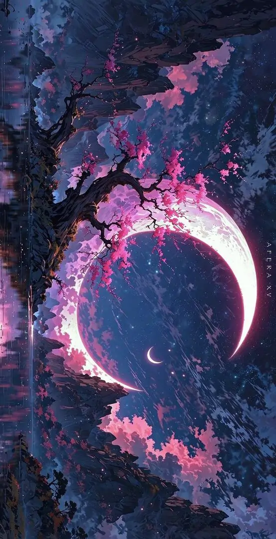 Mặt trăng lưỡi liềm nằm giữa mây tím hồng cuộn thành vòng, tông màu đậm và ánh sáng mạnh khiến khung đêm này nổi bật theo kiểu đẹp và ngầu