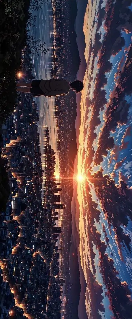 Ảnh nền Ultra HD thành phố nhìn từ cao lúc mặt trời lặn, đường phố sáng dài như mạch đèn và mây cam tím phía chân trời làm bức ảnh rất cuốn