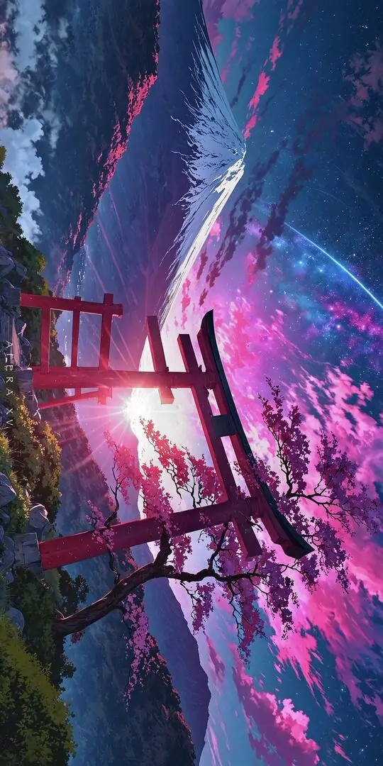 Hình nền điện thoại đẹp cổng torii đỏ đứng giữa lối đi tím hồng, cánh hoa bay nhẹ trong đêm làm khung cảnh này vừa rực vừa có nét huyền ảo