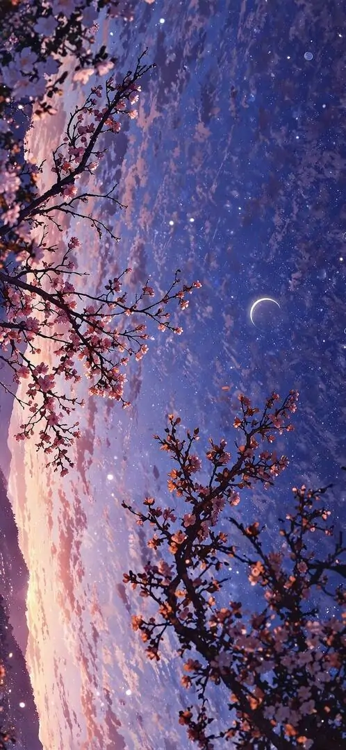 Cành hoa tối cắt ngang nền trời tím nhạt lúc chiều muộn, mặt trăng mờ treo xa khiến ảnh phong cảnh này gọn gàng mà vẫn có độ mềm rất dễ nhìn