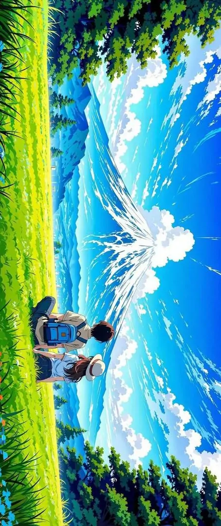 Ảnh wallpaper điện thoại cô gái ngồi giữa cánh đồng hoa trắng vàng, hai tay dang nhẹ dưới trời xanh rộng làm bức ảnh nền không gian xanh này trông rất dễ thương