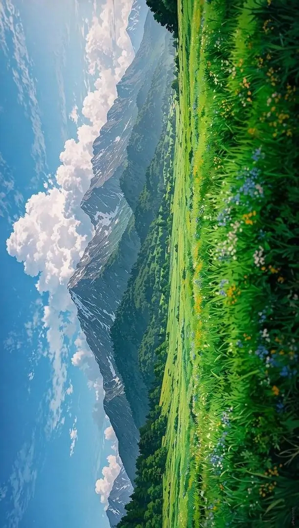 Dãy núi tuyết trắng trải dài phía xa, đồng cỏ xanh và con đường nhỏ phía trước khiến khung cảnh buổi ngày này lên màn hình thoáng và rất sáng