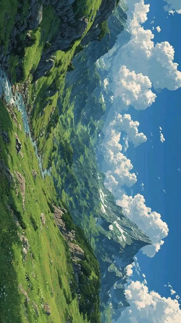 Đồi xanh cuộn dưới cụm mây trắng lớn, đường mòn đất nâu dẫn mắt vào giữa ảnh giúp khung cảnh thiên nhiên này lên máy cân đối và đẹp tự nhiên