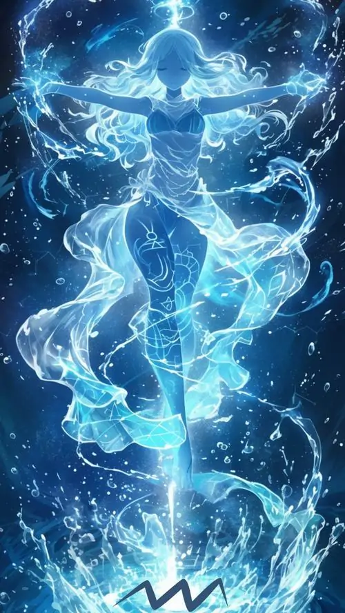 Cô gái có mái tóc xanh rêu dài chạm gót đứng giữa thác nước, toàn bộ khung cảnh toát lên vẻ đẹp của nhân vật phản ánh cung hoàng đạo rất lộng lẫy