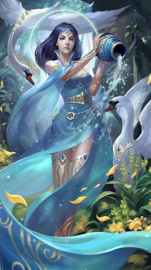 Tấm hình nàng Aquarius tóc tím nhạt đang ngồi đọc sách cổ, bên cạnh là chiếc bình nước tỏa ra làn khói mang đậm màu sắc gợi nhớ nguyên tố khí tươi mới