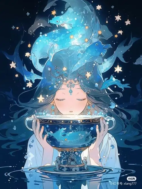 Hình đại diện cô nàng Aquarius cầm chiếc bình gốm nhỏ, dòng nước chảy ra thành những dải lụa lấp lánh kết hợp biểu tượng nước trông thật rạng rỡ