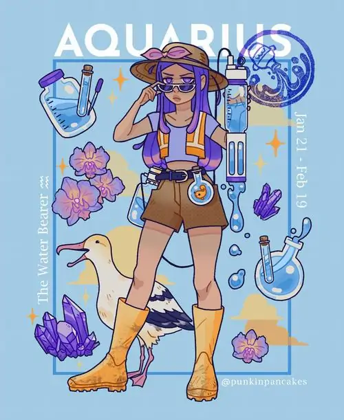 Nàng thơ Aquarius đứng tựa lưng vào mây trời, tay khẽ nâng dải lụa mềm mại trôi bồng bềnh giữa không gian mang đậm màu sắc của nguyên tố khí khoáng đạt