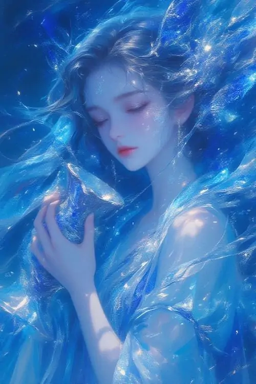 Ảnh avatar cô gái Bảo Bình có mái tóc xanh dài buông xõa trong gió, ánh mắt nhìn xa xăm bên chiếc bình gốm cổ điển đầy tinh xảo và dịu dàng