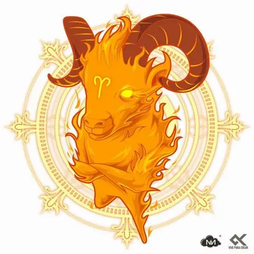 Biểu tượng đầu cừu màu vàng cam đặt giữa vòng tròn sáng, đường nét uốn gọn và nền trắng làm bức cuối nhìn sạch, nổi và hợp hình nền cung Bạch Dương